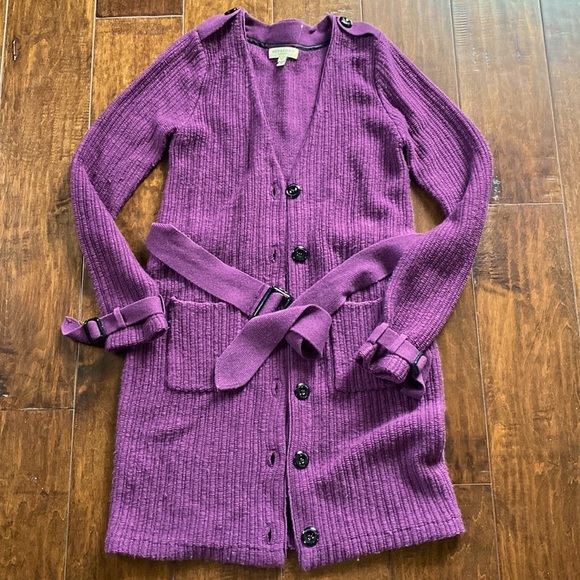 Burberry Jackets & Blazers - BURBERRY - Mid length wool cashmere silk Cardigan in eggplant color with belt.